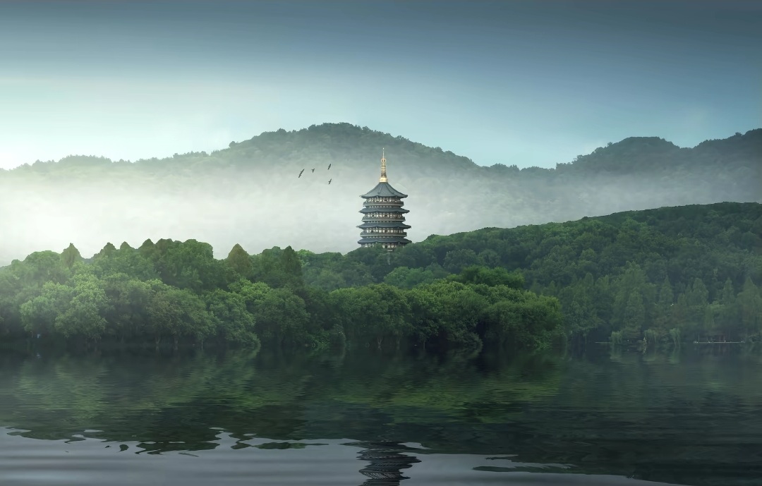 湖畔山峦与塔影，使用原有项目素材